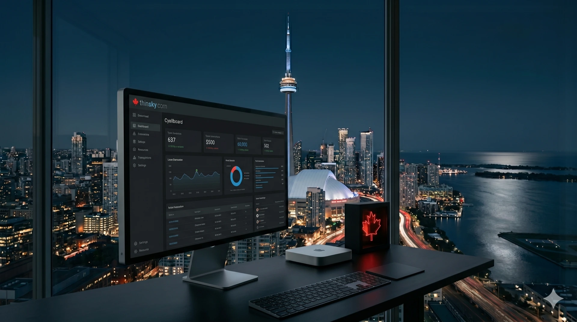 ThinSky security operations dashboard on a desktop monitor overlooking the Toronto skyline at night