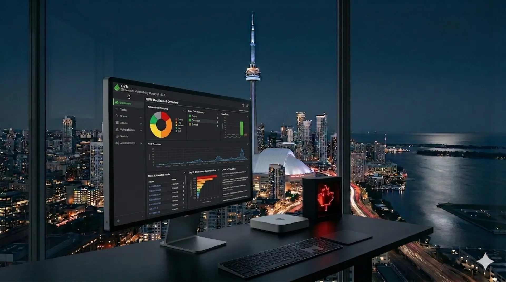 OpenVAS / Greenbone vulnerability-scan dashboard on a desktop monitor overlooking the Toronto skyline at night