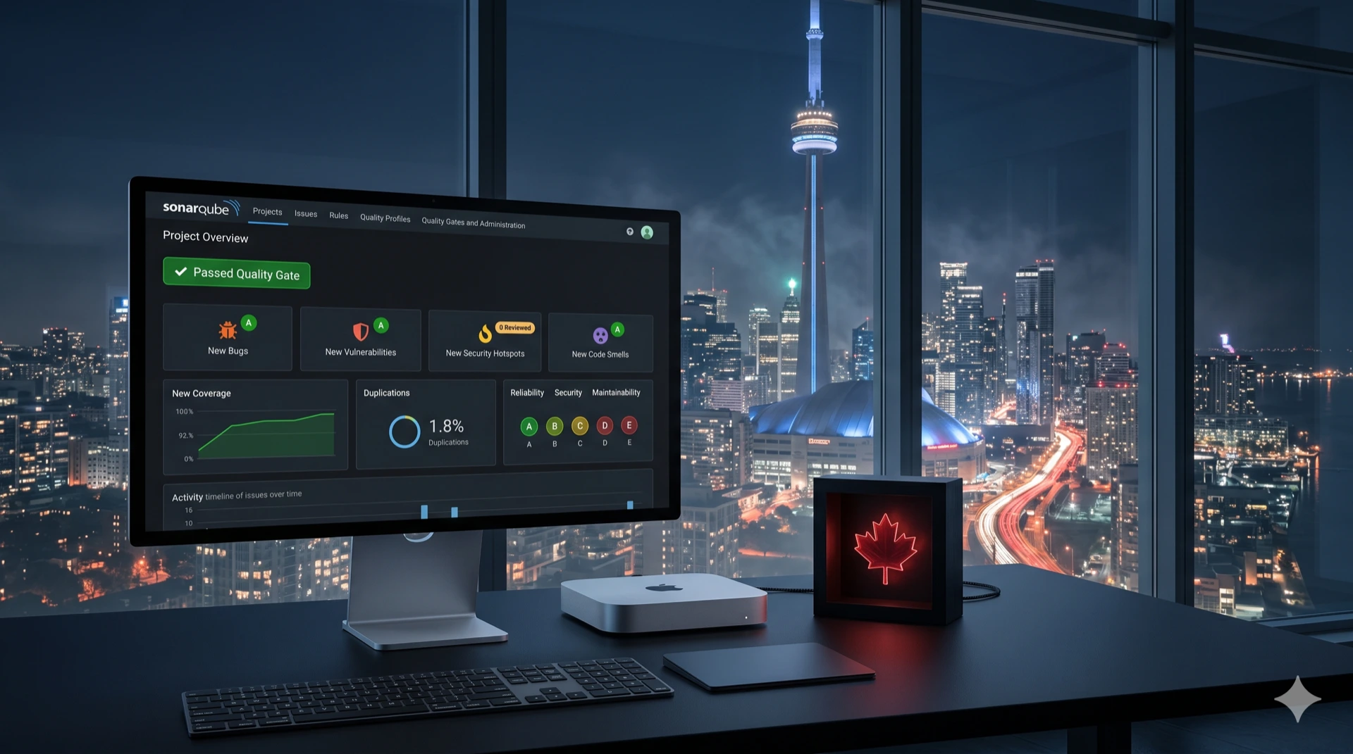 SonarQube quality-gate dashboard on a desktop monitor overlooking the Toronto skyline at night