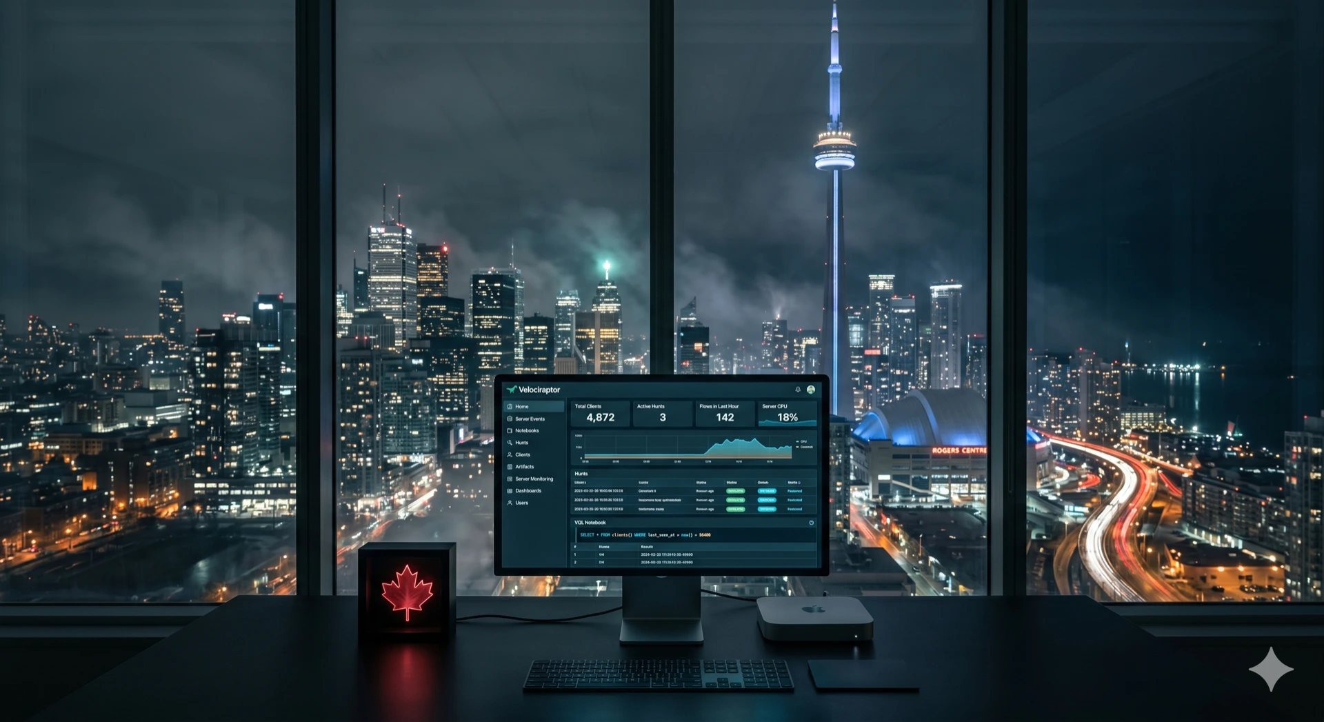 Velociraptor DFIR hunt console on a desktop monitor overlooking the Toronto skyline at night