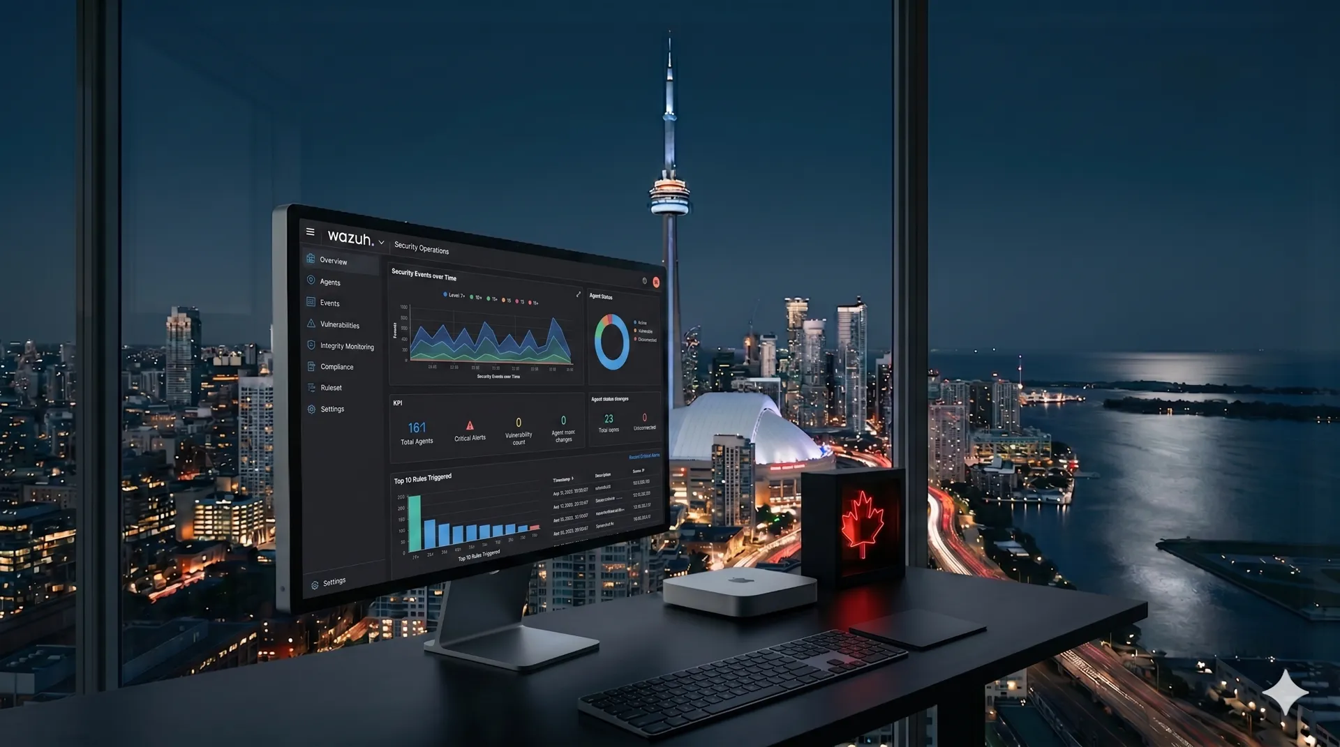 Wazuh SIEM and XDR dashboard on a desktop monitor overlooking the Toronto skyline at night